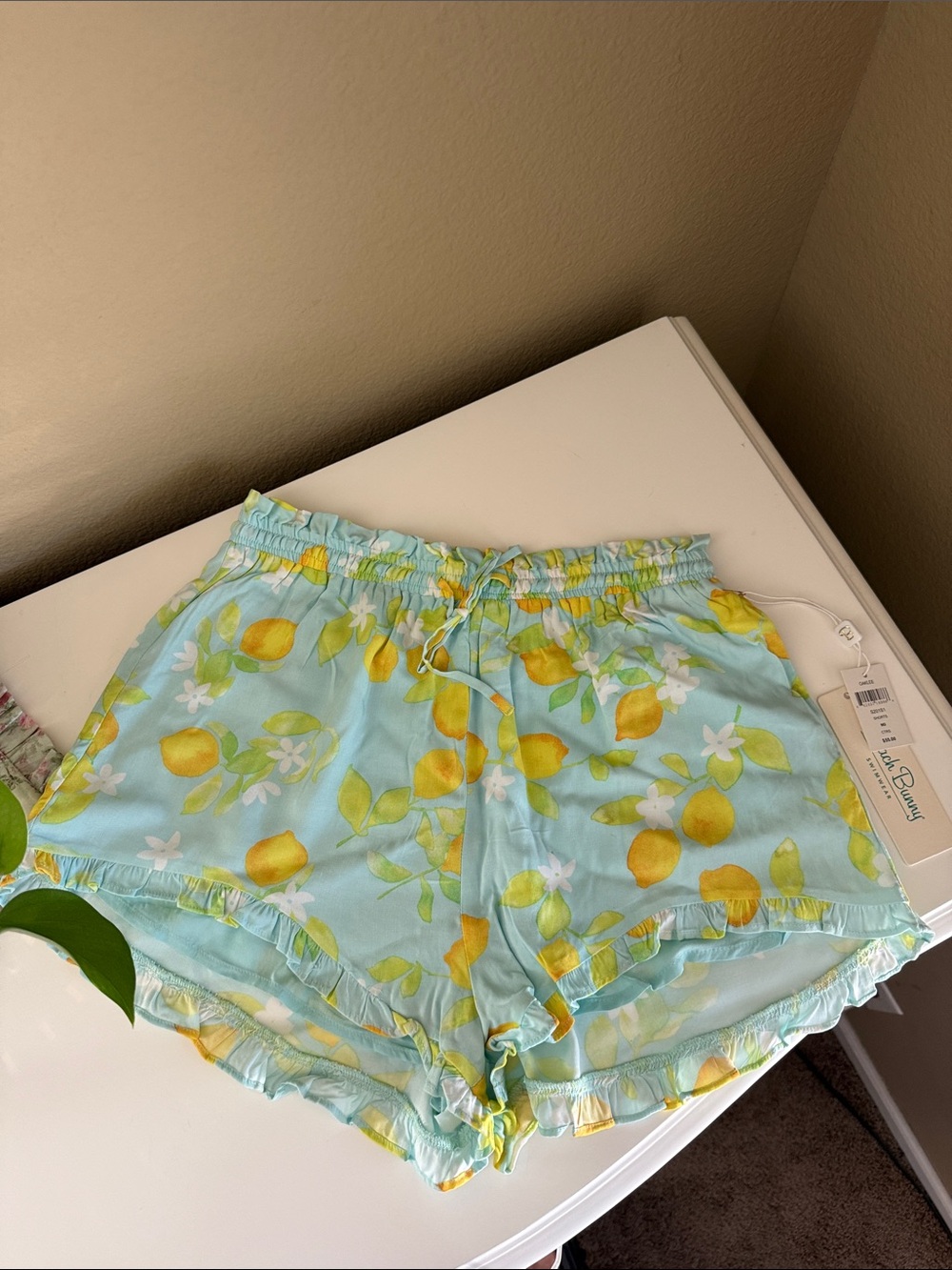 Beach Bunny Light Blue Lemon-Print Women's Ruffle Hem Shorts